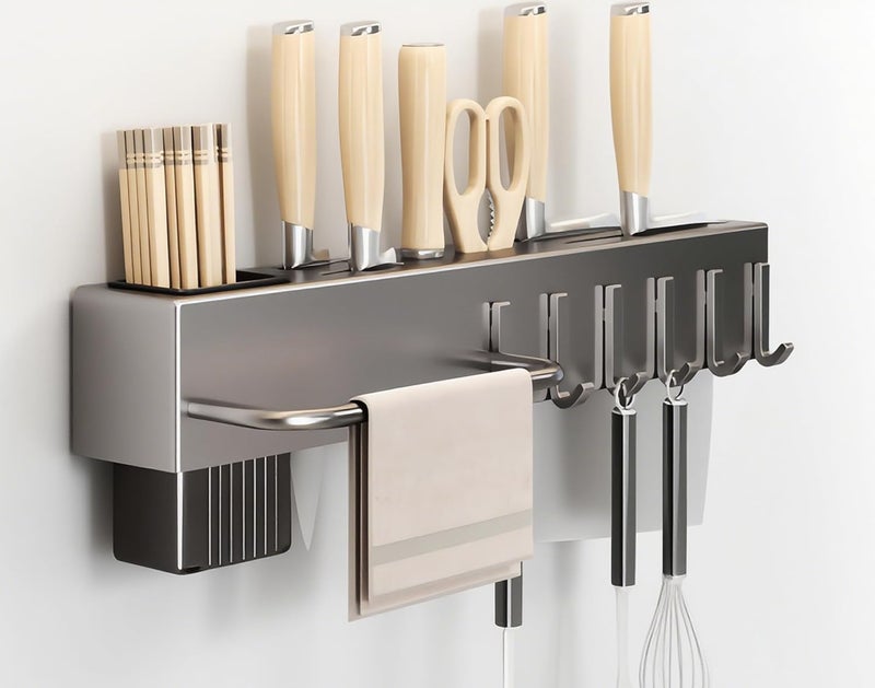 セイド(Seido) Carbon Steel Utensil Rack – Space-Saving 16" L Kitchen Organizer with hooks & hanging bar, Gunmetal Gray Knife Holder, 2 Installation Options (Adhesive/Screwed) - Image 1